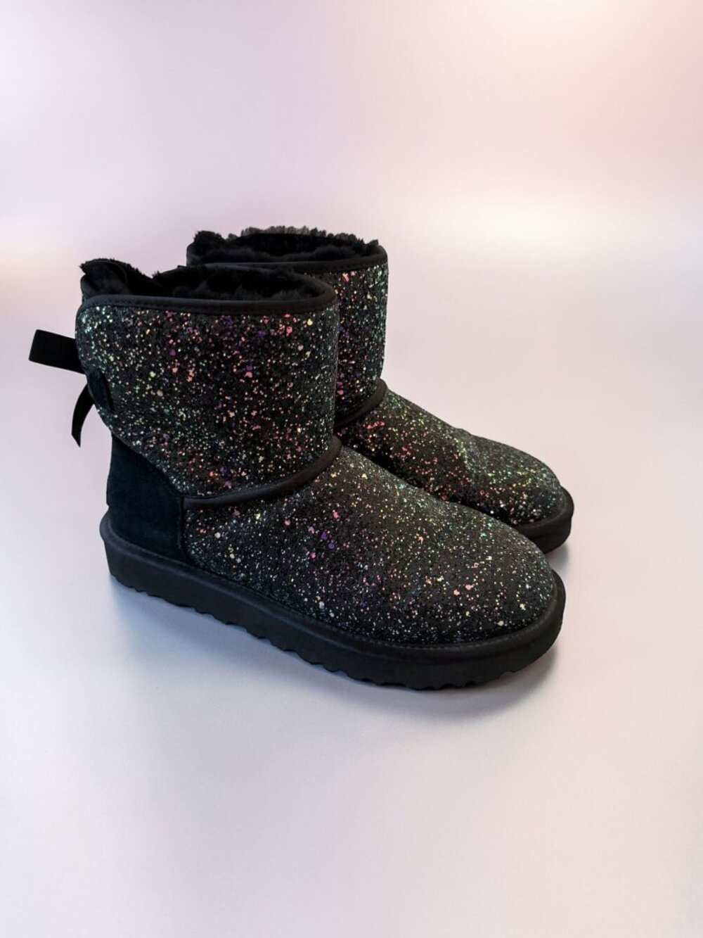 UGG AUSTRALIA Black Glitter Bow Bailey Boots Size US 7